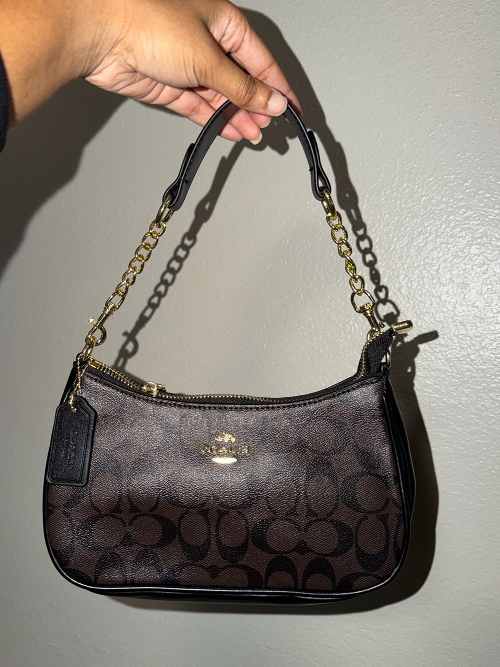 Coach Dark Brown Signature Mini Bag with Gold Chain Accents